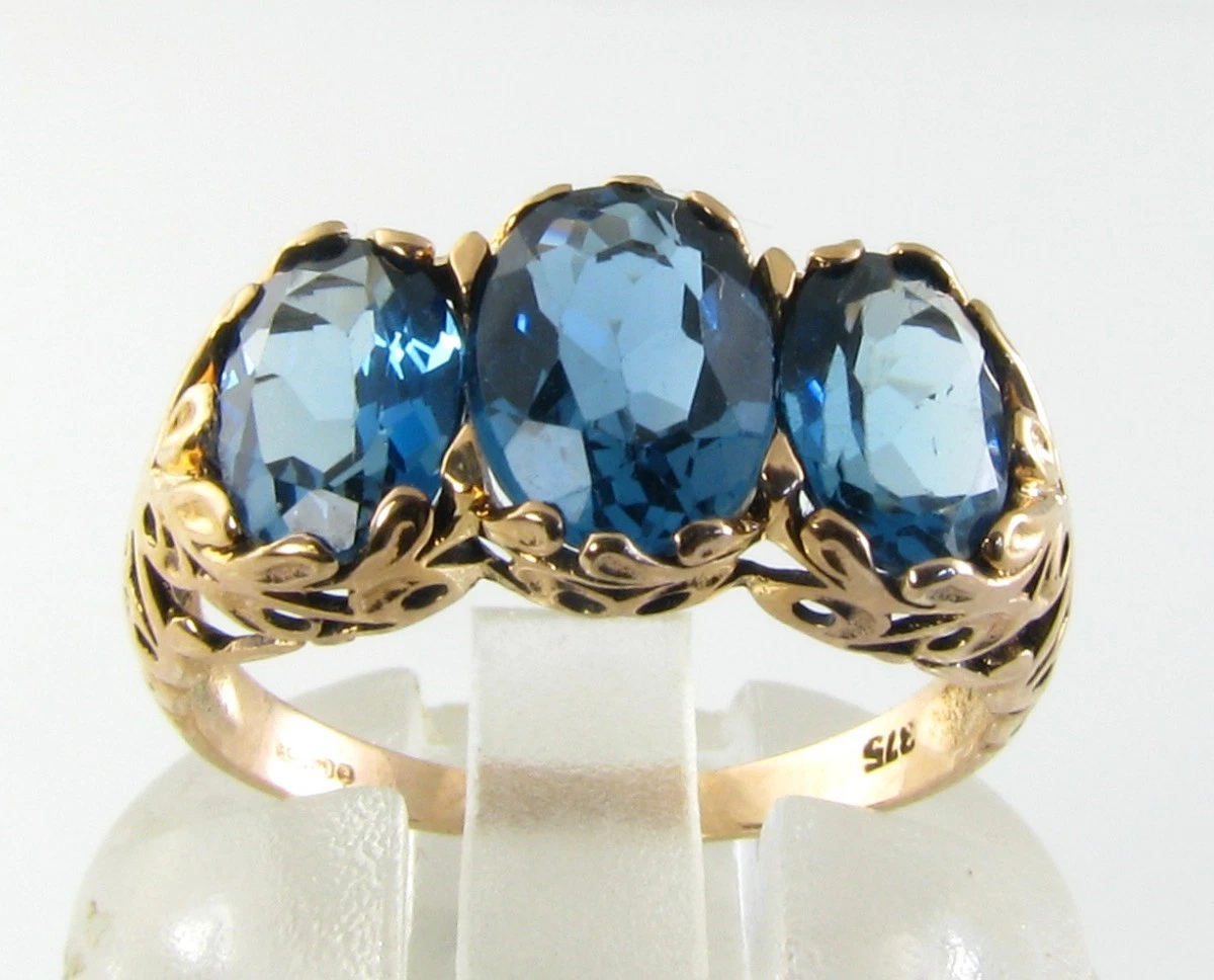 Anillo Art Deco 9ct Oro Rosa London Blue Topaz Trilogía, Talla O