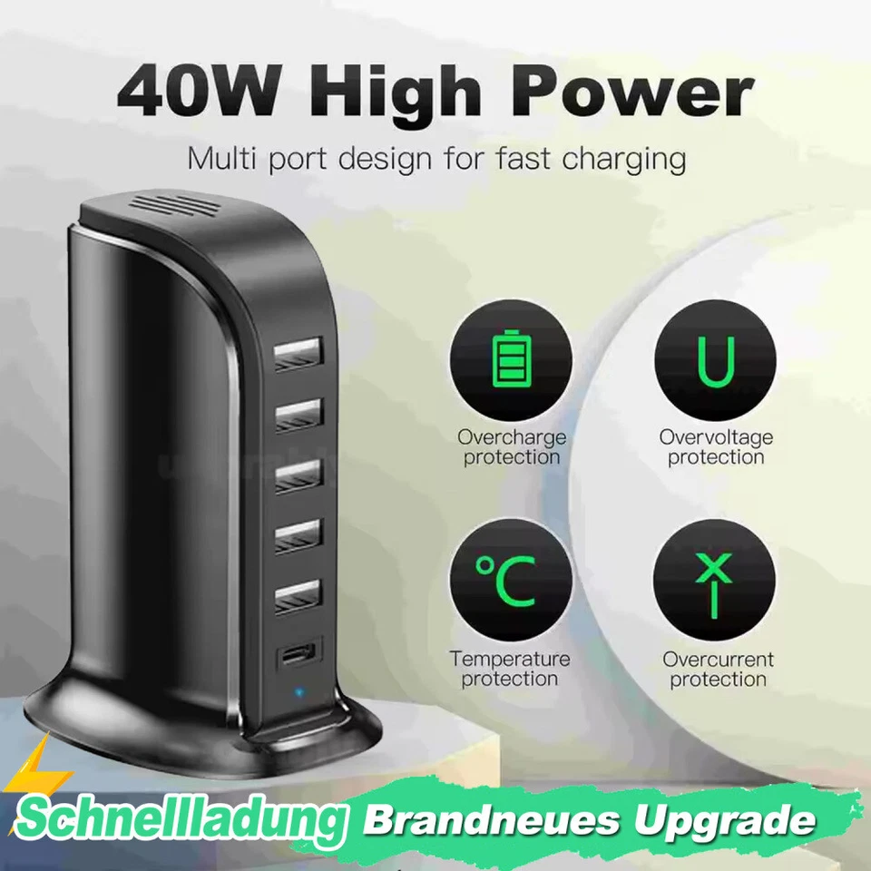40W Mehrfach USB Ladegerät 40W USB Ladestation 6-Port Multi Ladestation EU - Bild 2 von 4