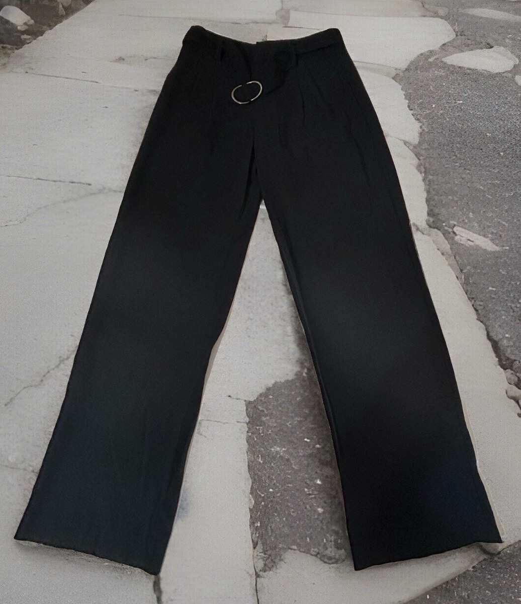 a New Day Wide Leg Pants Women Sz 4 Black Belted Hook Eye Zipper