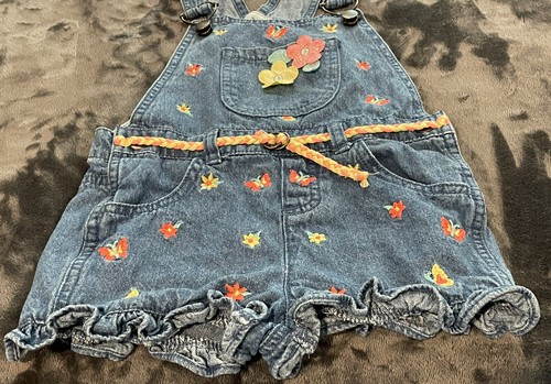 Denim Blue Shortalls Shorts Overalls One Piece Flowers Belt Ruffled Hem Girls 5 - Picture 8 of 21
