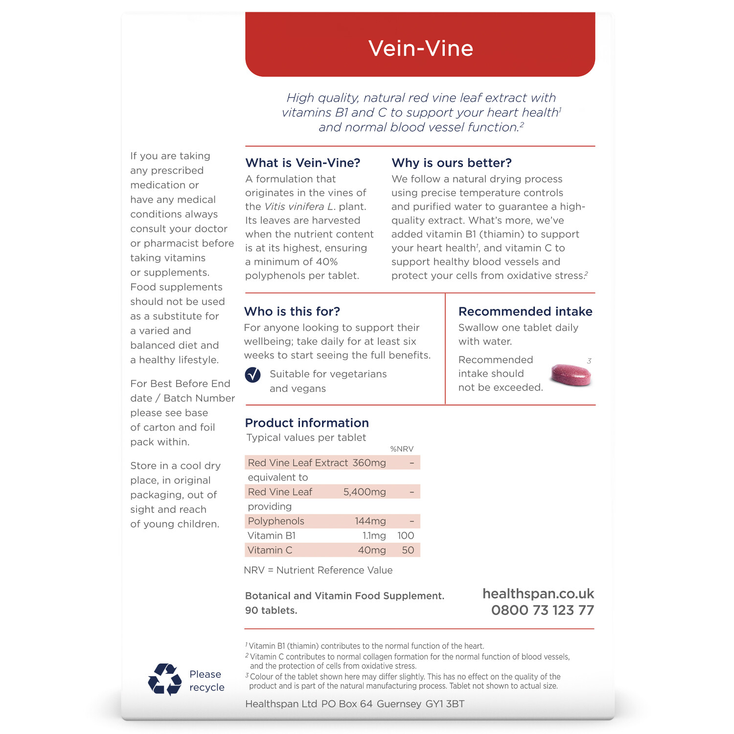 Healthspan Vein Vine 360mg, 90 Tablets, For Tired & Heavy Legs