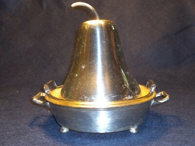 Vintage Metal Footed Condiment Dish w/Lid Glass Insert - Three Piece pear shaped