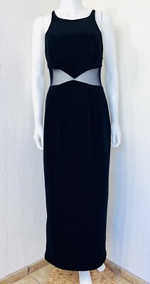 Vtg Bari-Jay Black Knit Halter Mesh Waist Cutout High Slit Maxi Dress Size  9/10 | eBay