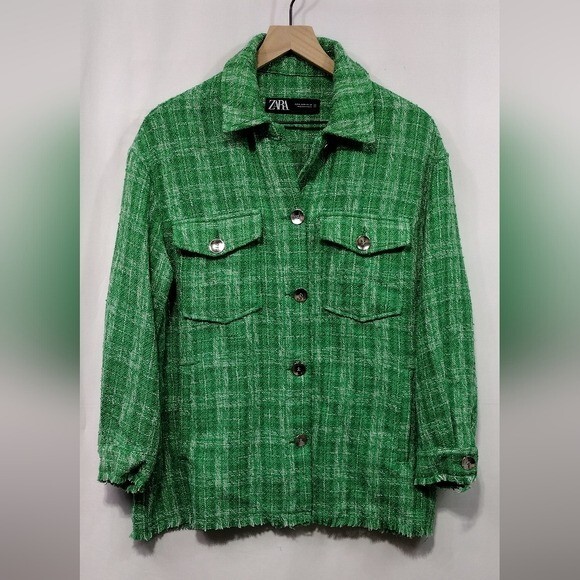 ZARA Woven Plaid Over Shirt Women's M Green Casual Comfy Retro 90s