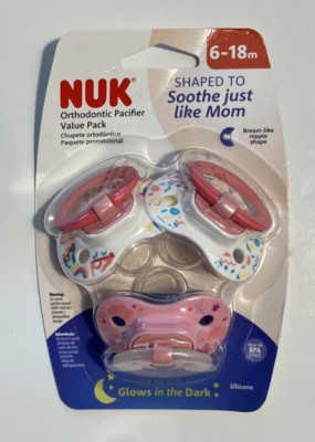 Nuk Orthodontic Glows in The Dark Pacifiers-Value Pack 6-18m NEW