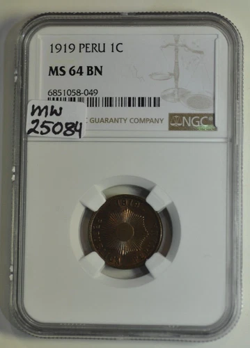mw25084 Peru; Centavo 1919 Philadelphia Mint  NGC MS64 BN