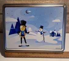 Mr Peanut Planters Snowman Snowflake Winter Scene Holiday Metal Tin 8x6"