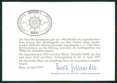 GERMANY MINISTER CARD 1977 SCHIFFE SHIPS NAVIRES CARTE MINISTRE RARE!! h3079