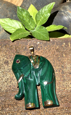 14kt massiv Gold Vintage natürlicher Malachit Rubin Auge XL Elefant Anhänger 45M 1,77''