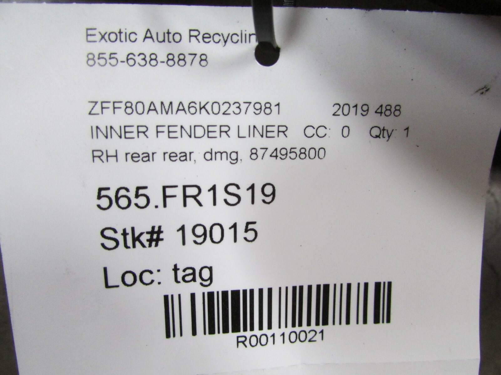 Ferrari 488, RH, Right Rear Fender Liner Rear Section, Used, P/N 87495800