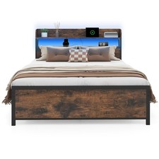 King Size Bed Frame with LED Lights & Power Outlets Brown