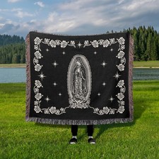 Manta Tejida Virgen de Guadalupe - Tapiz Borde Rosa Blanco y Negro