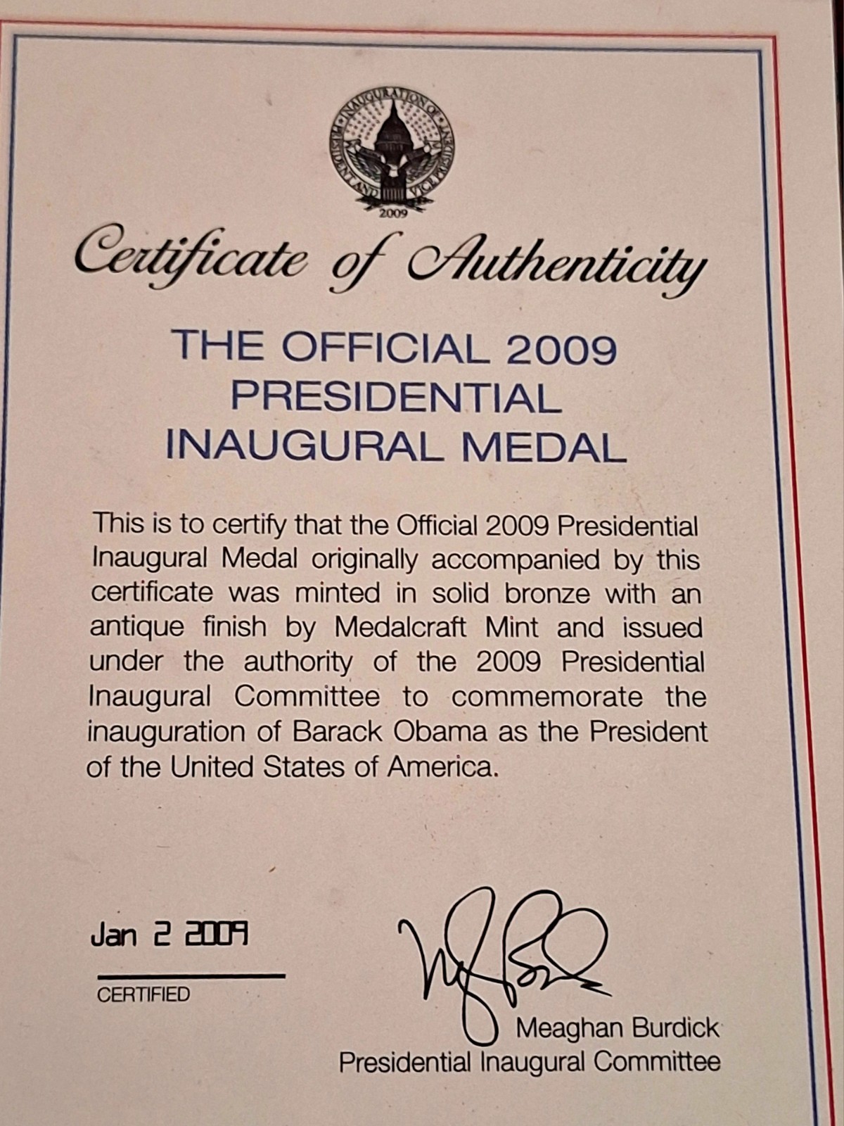 Official 2009 Presidential Inaugural  LARGE Medal for Barack Obama w/ C.O.A.