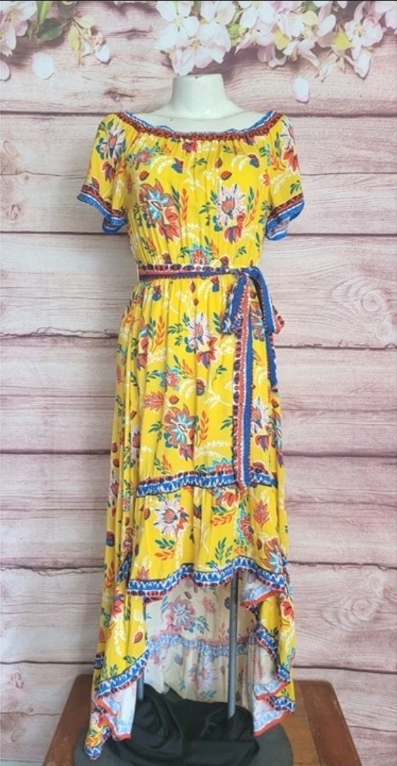 Flying Tomato Yellow Floral Off Shoulder Hi-Low Maxi Dress Women's Medium