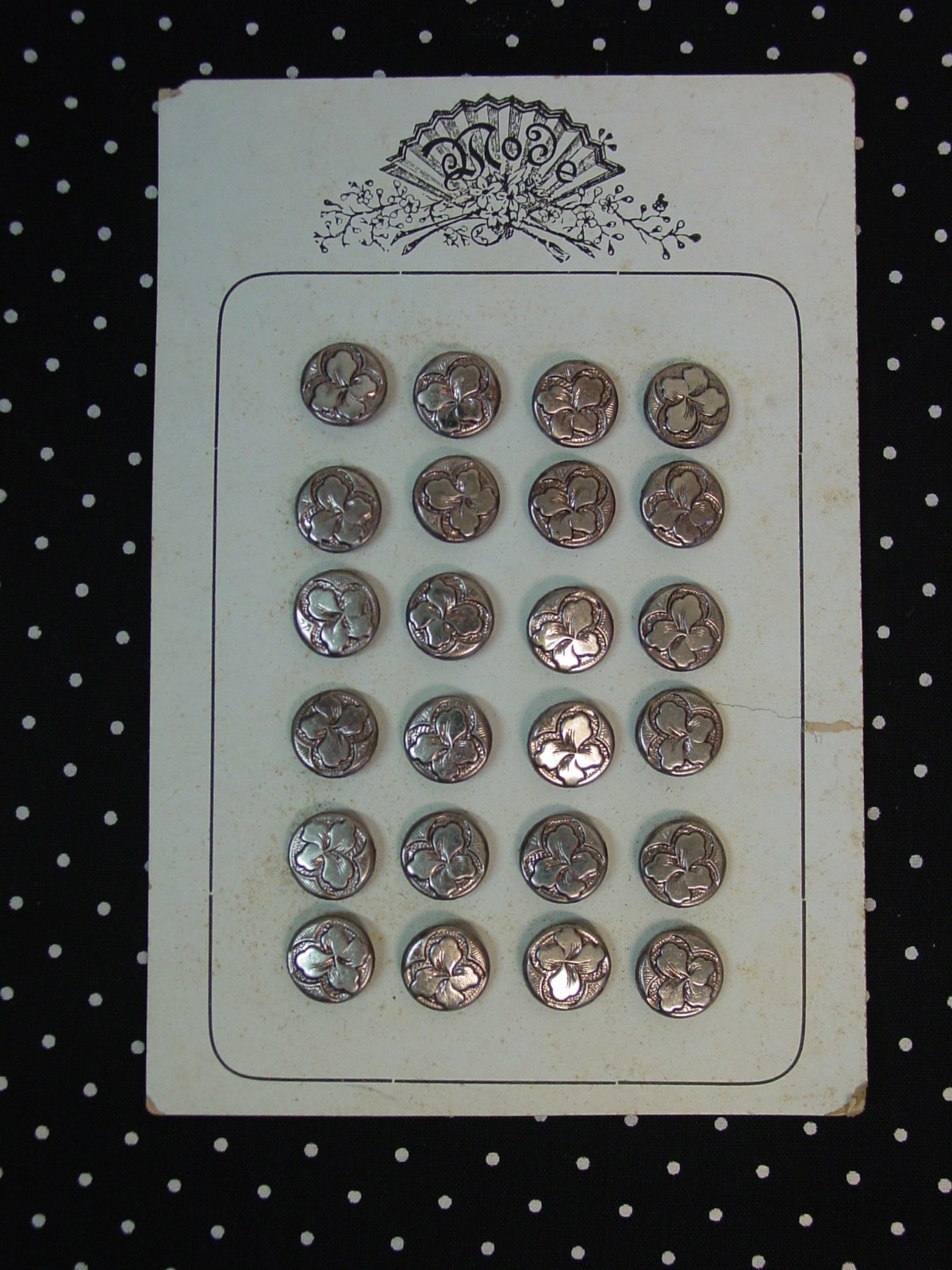 24 Antique Silver Metal Buttons on Original Mode Card 1/2" Flower
