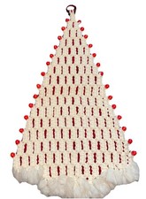 Macrame Christmas Tree Wall Hanging White W/ Wooden Red Beads 32  Boho Hippie