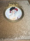 French Style 1800 Miniature Picture Red Hat Black Feathers Flower In Hair Signed — photo 3