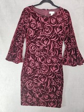 Calvin Klein Womens 6 Sheath Velvet Burnout Midi Dress Maroon Bell Ruffle Sleeve
