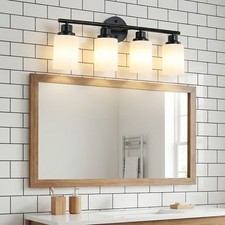 24'' Vanity Light 4 Lights Black with Glass Shade Bathroom Mirror Wall Fixture