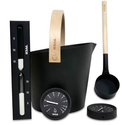 Tylö Saunazubehör-Set in Brilliant Black (5-tlg.) Sauna Kelle Sanduhr Hygrometer
