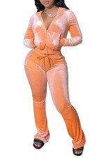 Women's 2 Piece Outfits Velvet Sweatsuits Zip-up Jacket Casual Jogger Tracksu...