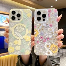 For iPhone 17 Pro Max 16 15 14 13 12 Cute Floral Pattern Magnetic Hybrid Case