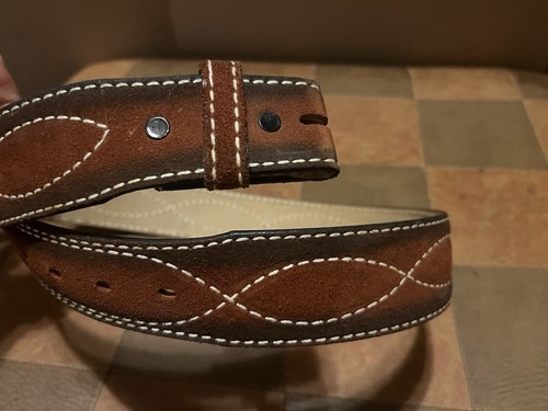 vintage COWHIDE buckle belt 34 western STITCHED split-suede leather GUN bianchi