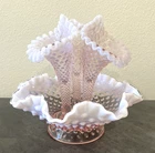 Fenton Hobnail Epergne Pink Opalescent 3 Horn Ruffled Vase Bowl Trumpets