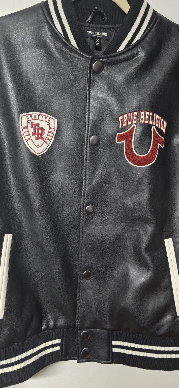 True Religion Varsity Jacket Men's Size Small White/Black Faux Leather  thumbnail 4