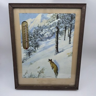 Vintage Advertising Picture Thermometer Royal Canning Corp Framed Winter Fox 