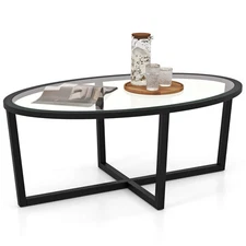Modern Glass Coffee Table w/ Cross Base & Acacia Wood Legs for Small Spaces