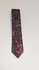 Black/Pinkish Red Silk Chinese Brocade Dragon/Floral Slim Tie - 58  x 3  