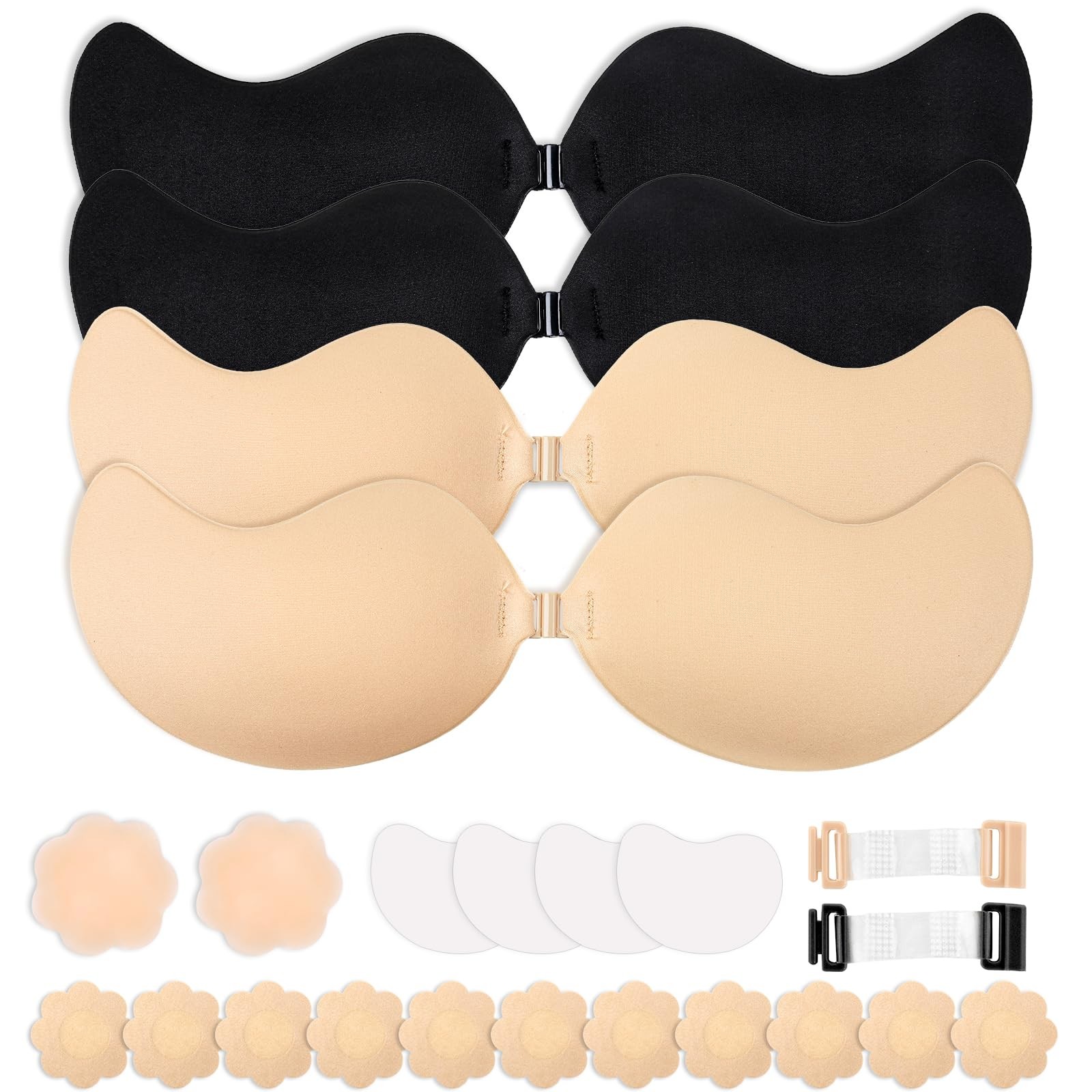 4-Pack Cleavage Bra, Push Up Sticky Bra Set – Strapless Backless Invisible Ad...