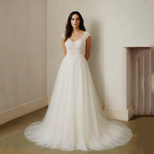 Classic Tulle Bridal Dresses A-line Sleeveless V-neck Wedding Gown Women V-back