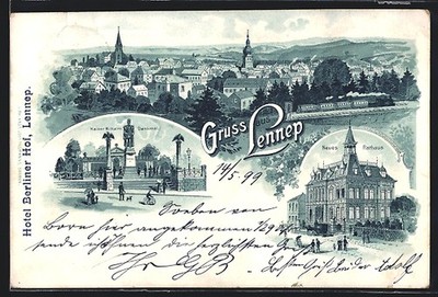 Lithographie Lennep, Ortsansicht mit Kirche und Eisenbahn, Blick auf Kaiser Wil 