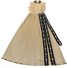 Vintage Gold Metallic Pleated Maxi Dress Shorts Set Embroidered Velvet Belt