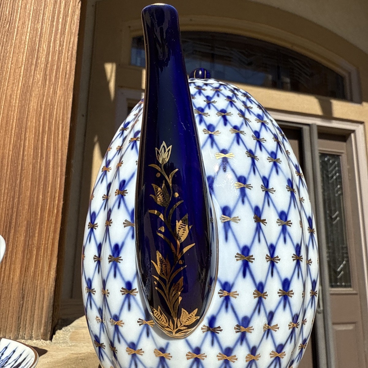 ロモノーソフ LOMONOSOV ソ連時代 コバルトネット トリオ ポットセット Lomonosov Imperial Porcelain Cobalt Net Coffee/Tea Set GOLD Trim