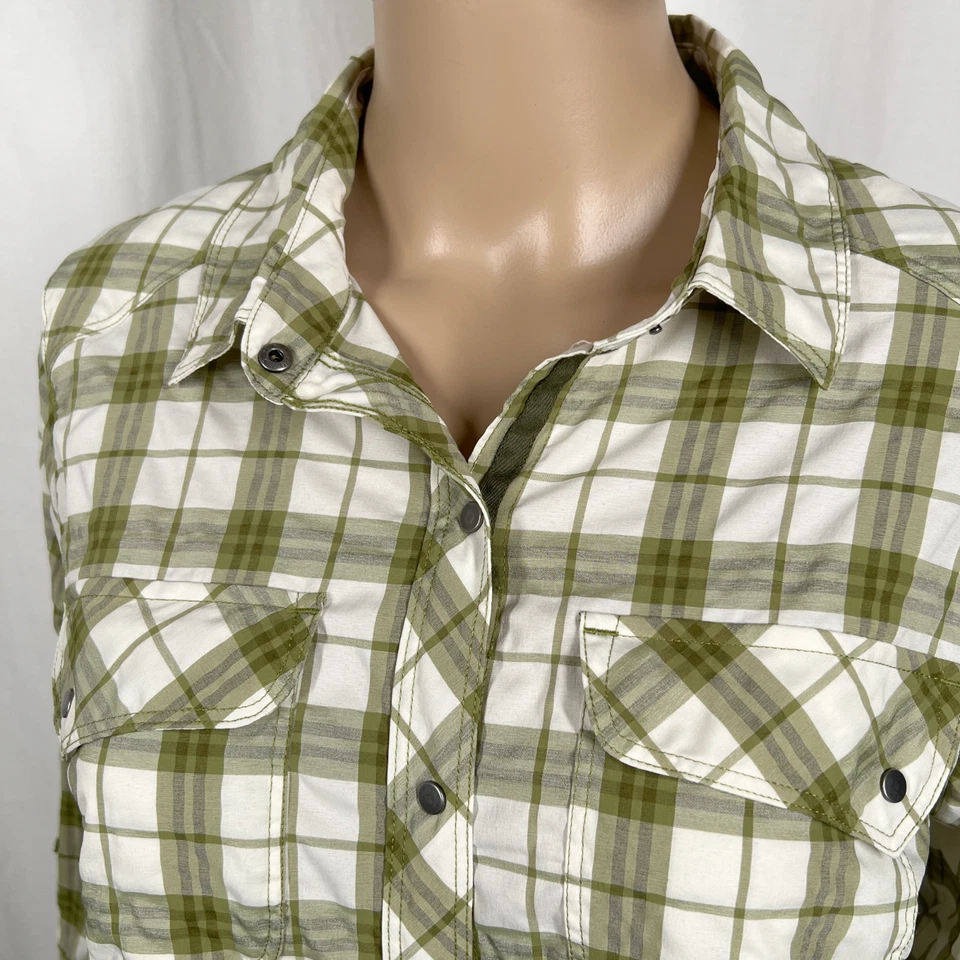 Camisa de senderismo REI para mujer mediana verde a cuadros manga larga con botones a presión al aire libre Foto 2 de 4