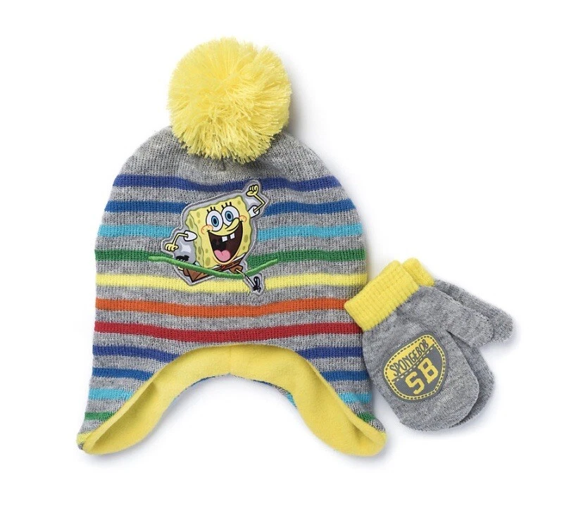 NWT Toddler Boy SPONGEBOB SQUAREPANTS Rainbow Trapper WINTER HAT & MITTENS Set