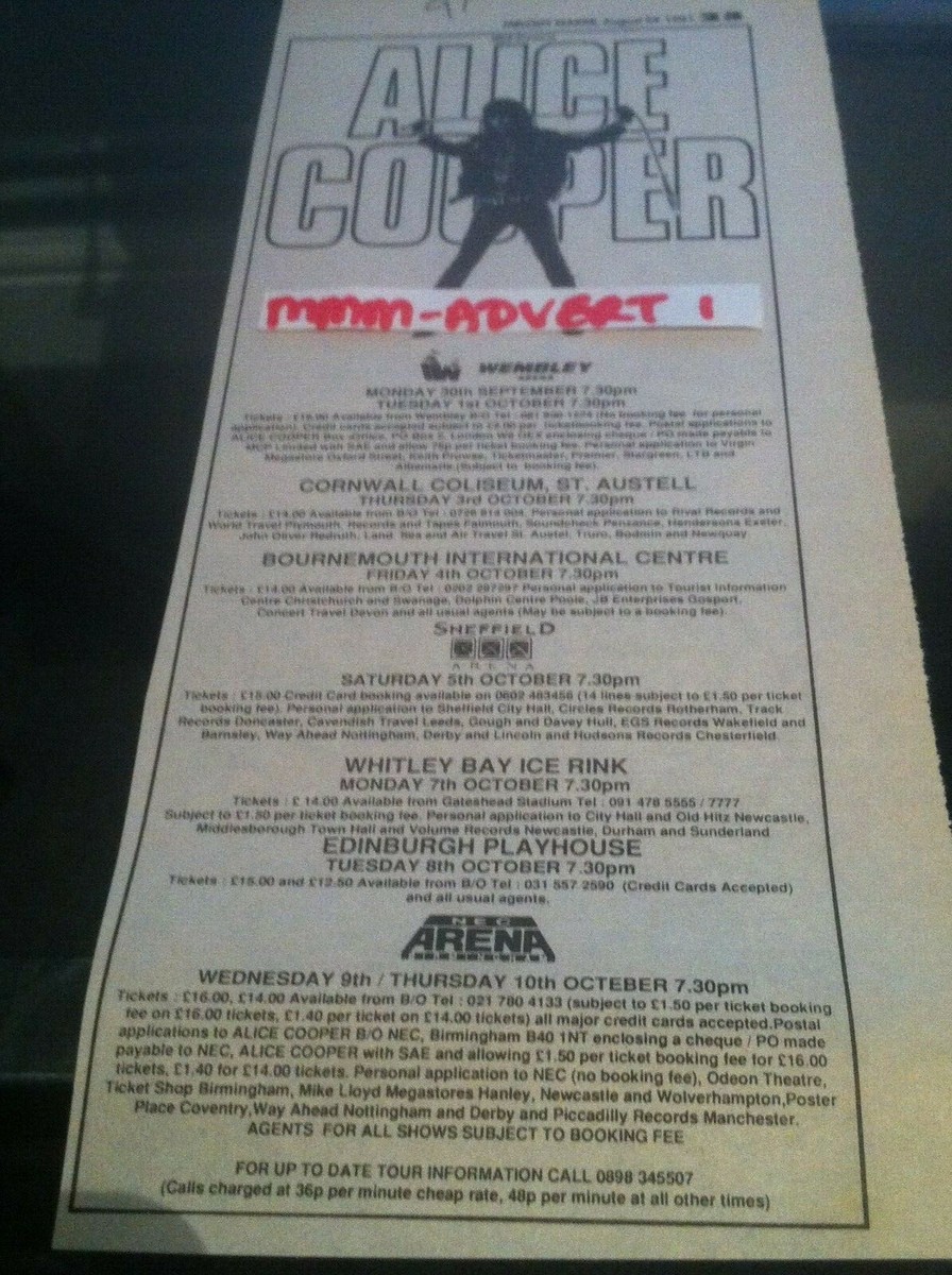 ALICE COOPER - UK TOUR DATES 1991 1989 2002 - original advert