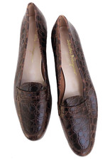 Salvatore Ferragamo Vintage Brown Crocodile Pattern Flat Chic Loafer sz 10.5N