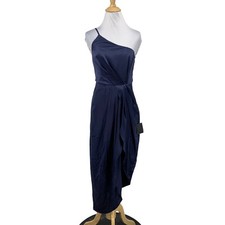 Lulus Dress Womens S Small Navy Satin One Shoulder Asymmetrical Lined Midi