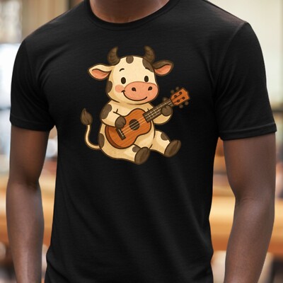 Mens Cow Ukulele Print Cotton T-Shirt Size S to 5XL