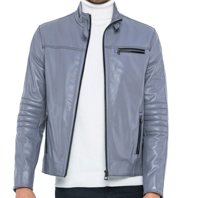 Men's Grey Leather Jacket NEW Quilted Biker Authentic Sheepskin Real Slim Zipper