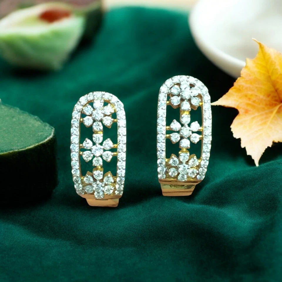 Umwerfend 1,56 Cts Runder Brillantschliff Diamanten Creolen Ohrringe In 14K Gold - Bild 3 von 4