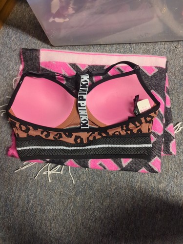 Victoria's Secret Pink Cool & Comfy Lightly Lined T-back Bra Brown Cheetah Lge - Picture 2 of 3