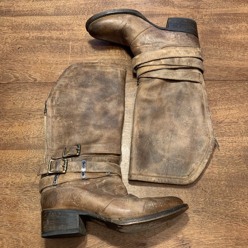 FREEBIRD Drove Heeled Cowboy Boots Western Buckles Straps Tan Brown Distress 7 - Picture 3 of 21