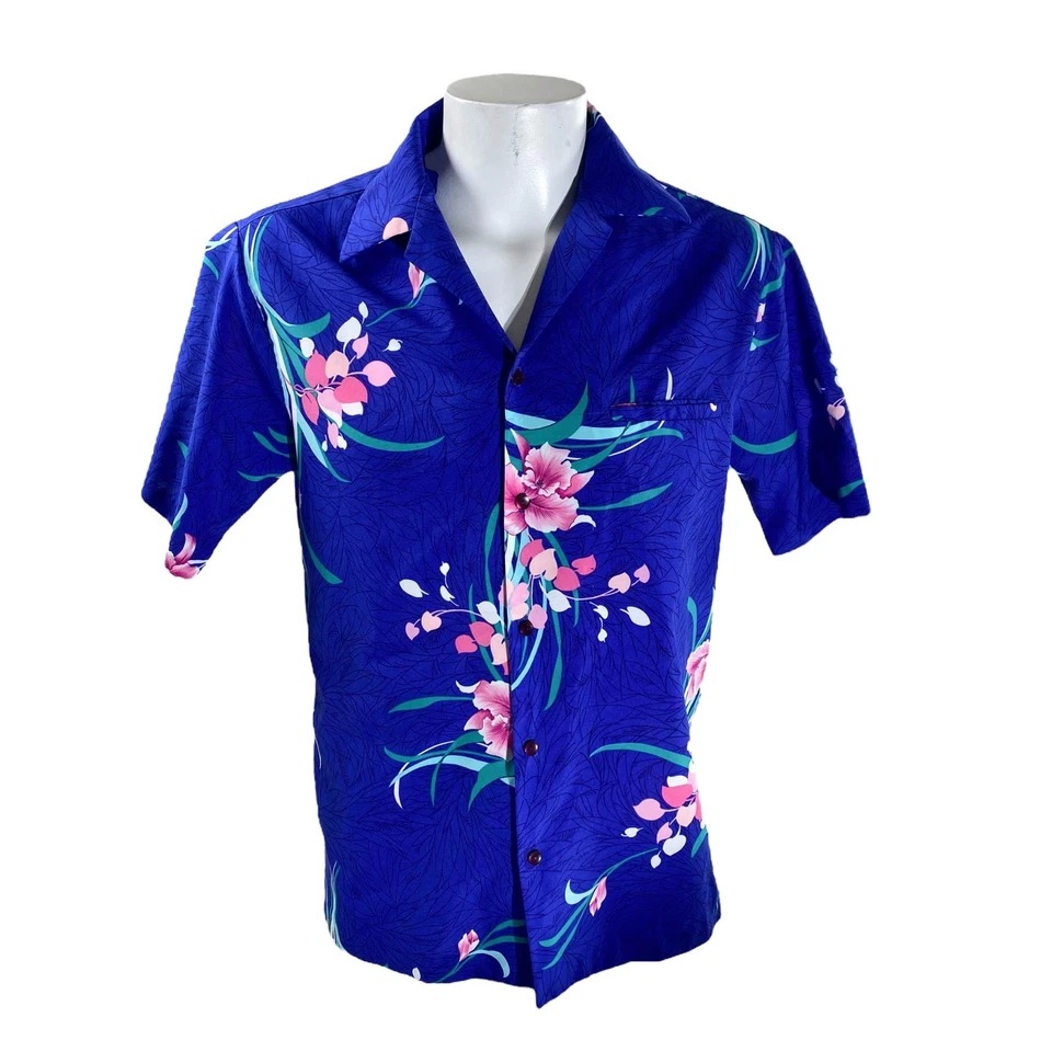 Camisa Hawaiana Vintage Hilo Hattie Flores Tropicales Azul Rosa Verde Foto 2 de 4