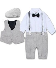 A J DESIGN Baby Boy 3 Piece Suit Set, Gentleman Romper, Vest and Beret