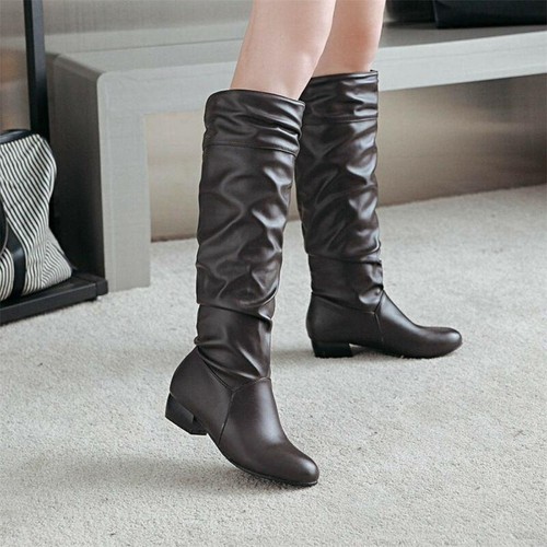 Womens Pleated Knee High Long Boots Low Heel Warm Shoes Flat Slouch Boots New - Picture 19 of 23